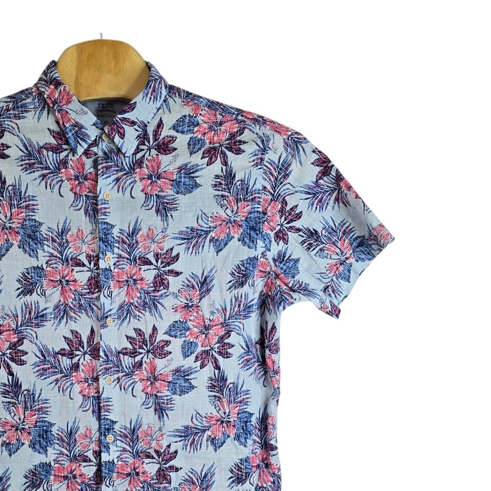 IZOD‎ Saltwater Mens XL Short Sleeve Tropical Floral Button Down Shirt Blue Pink